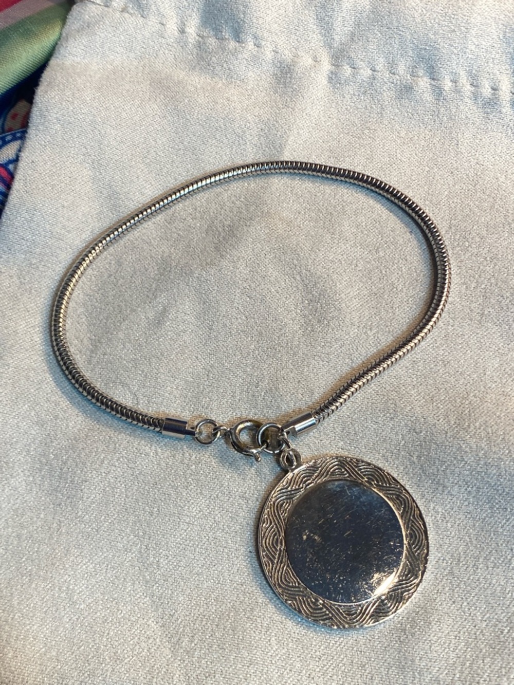 Vintage Silver Tone Snake Chain Bracelet w/ Engravable Disc 7.5”